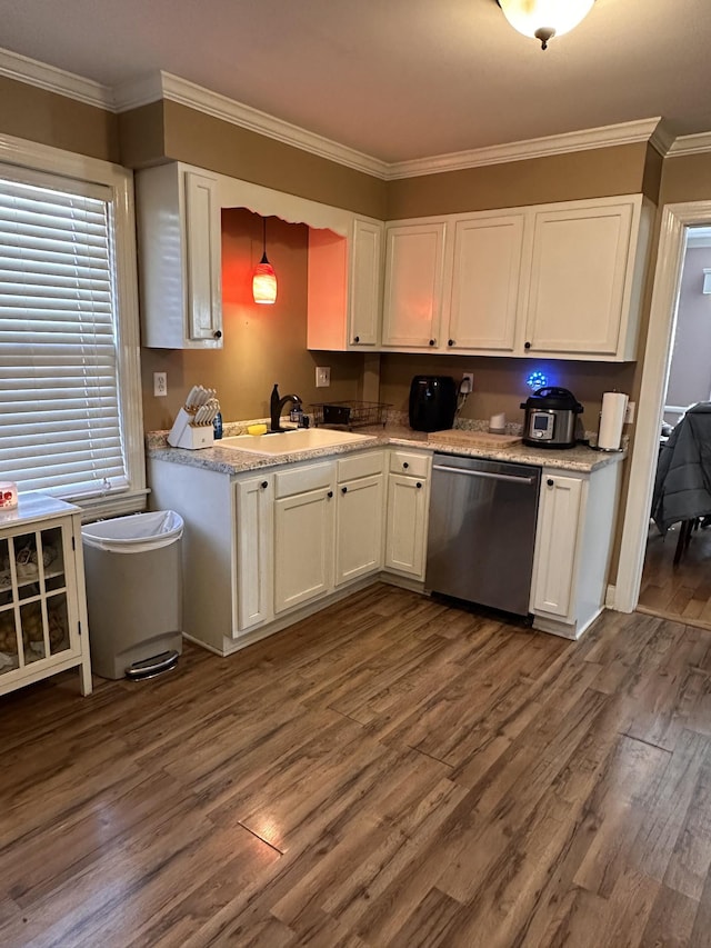 kitchen with decorative light fixtures, white cabinets, dishwasher, and dark hardwood / wood-style flooring