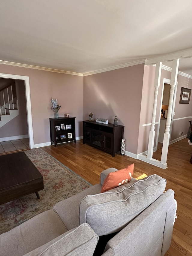 living room with crown molding and wood-type flooring