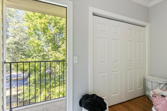 doorway to outside featuring dark hardwood / wood-style floors and crown molding