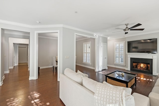 living room featuring crown molding, ceiling fan, and dark hardwood / wood-style flooring