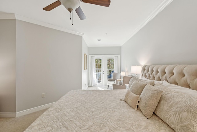 carpeted bedroom with french doors, ceiling fan, and ornamental molding