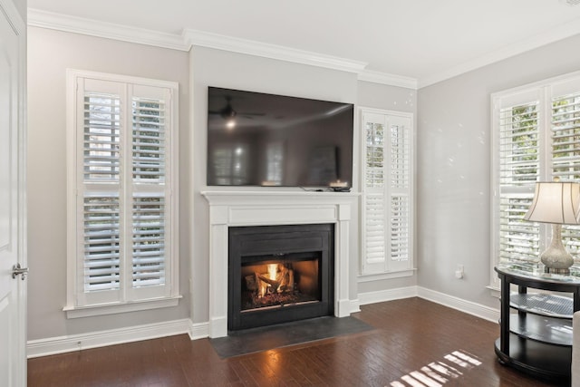 unfurnished living room with dark wood-type flooring and ornamental molding