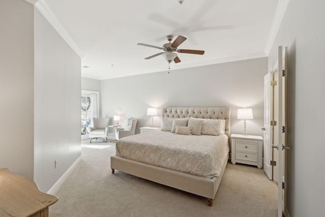 bedroom featuring crown molding, light carpet, and ceiling fan