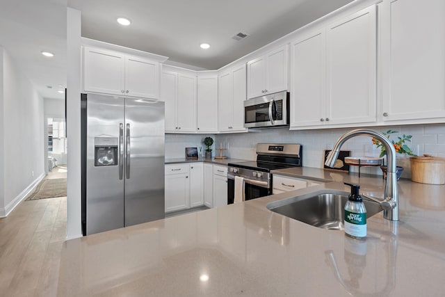 kitchen with sink, backsplash, white cabinets, and stainless steel appliances