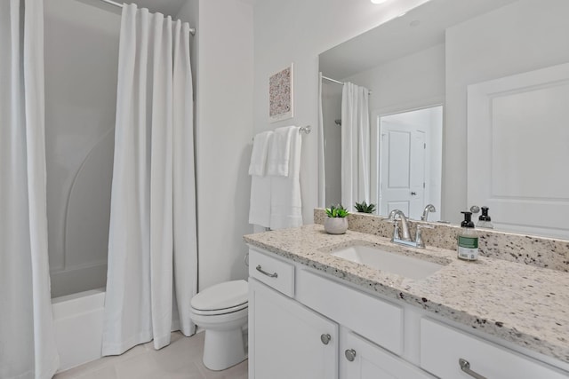 full bathroom featuring shower / bath combination with curtain, toilet, vanity, and tile patterned flooring