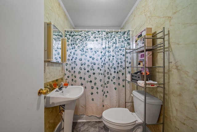 bathroom with toilet, ornamental molding, and a shower with curtain