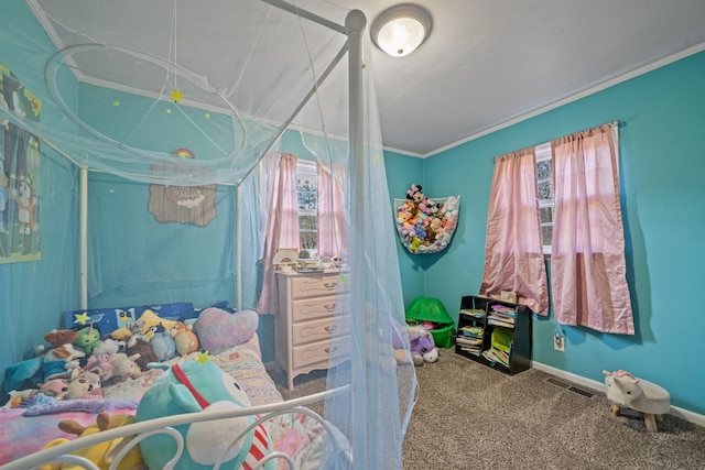 carpeted bedroom with crown molding