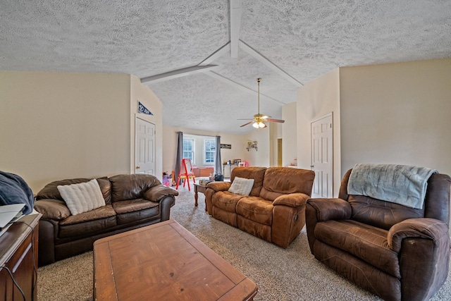 carpeted living room featuring ceiling fan, a textured ceiling, and vaulted ceiling