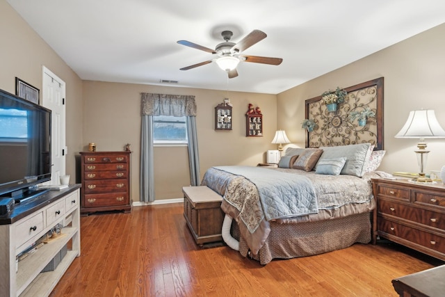 bedroom with ceiling fan and wood-type flooring