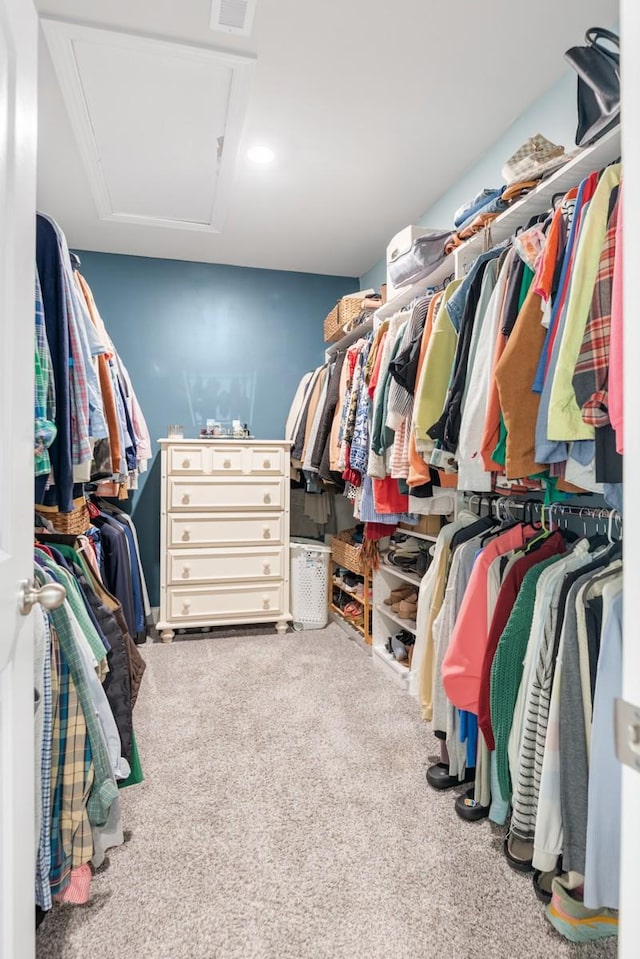 walk in closet featuring light carpet