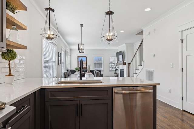 kitchen featuring dark brown cabinetry, sink, a wealth of natural light, and stainless steel dishwasher