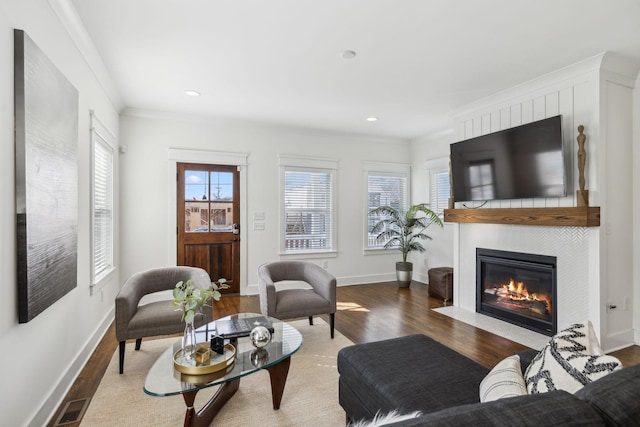 living room with dark wood-type flooring, a fireplace, and ornamental molding