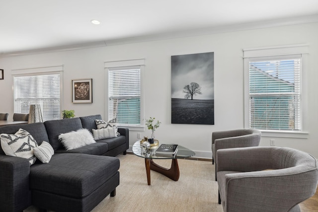 living room featuring plenty of natural light and light hardwood / wood-style floors