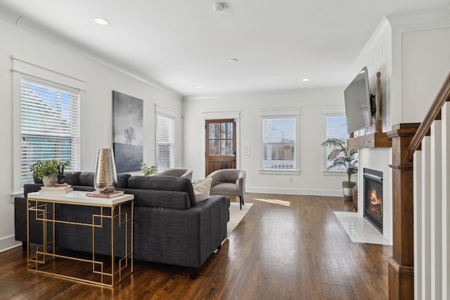 living room featuring dark wood-type flooring