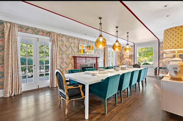 dining area with a wealth of natural light, dark hardwood / wood-style flooring, crown molding, and french doors