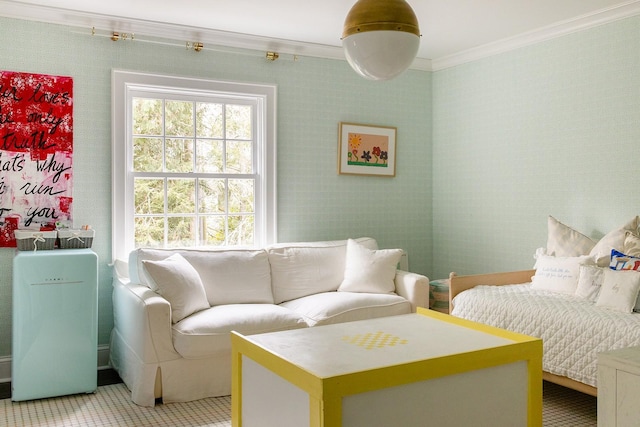 living room with crown molding