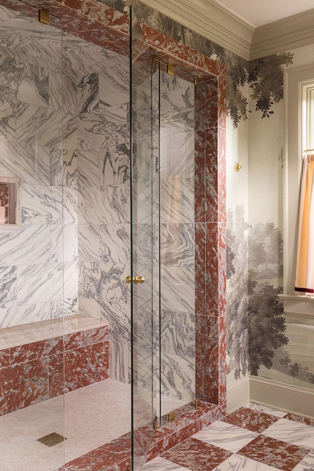 bathroom with walk in shower and crown molding