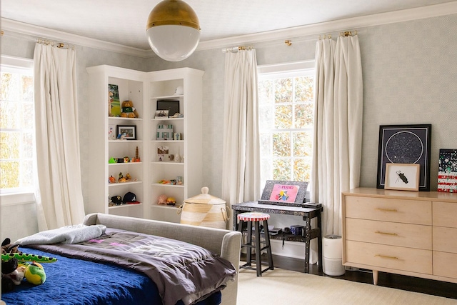 bedroom with crown molding