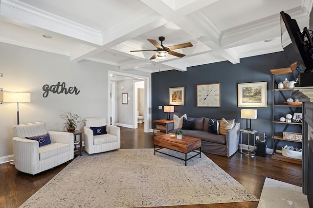 living room with beam ceiling, ceiling fan, and coffered ceiling