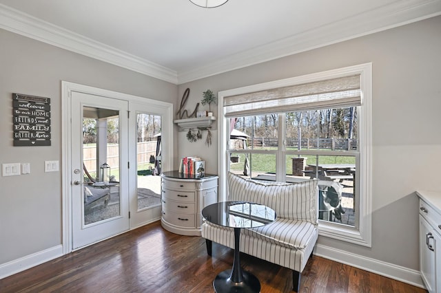 living area featuring dark hardwood / wood-style flooring and ornamental molding