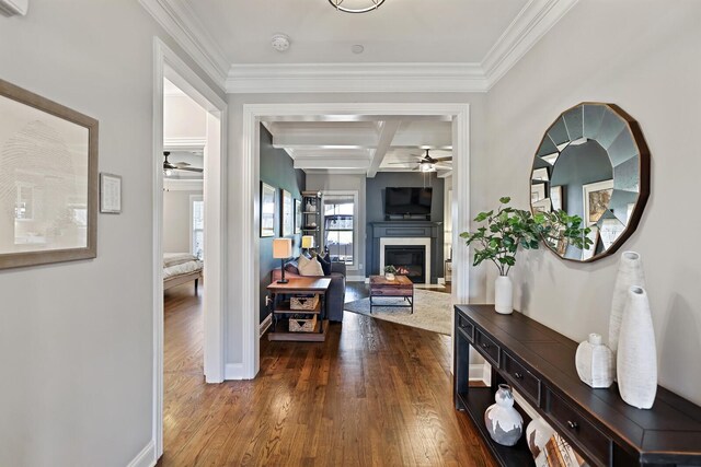 hallway featuring dark hardwood / wood-style floors, ornamental molding, beamed ceiling, and coffered ceiling