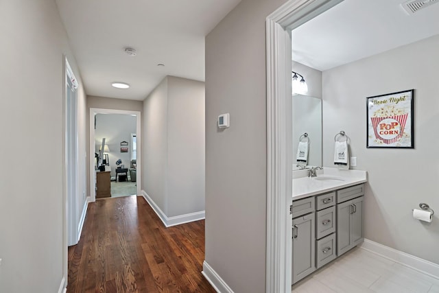 bathroom featuring wood-type flooring and vanity