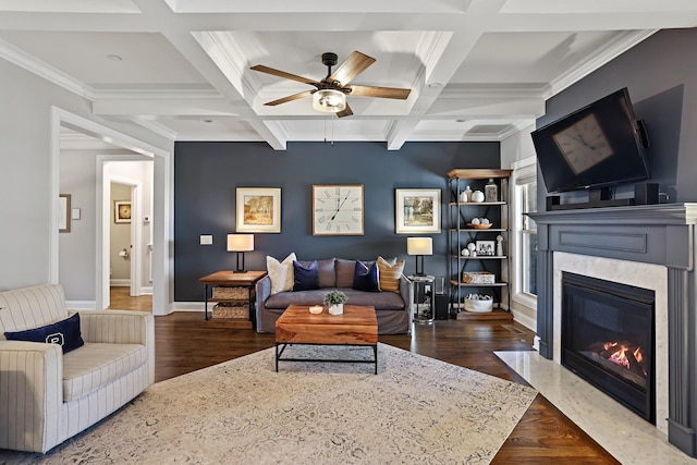 living room with a premium fireplace, ceiling fan, coffered ceiling, and beamed ceiling