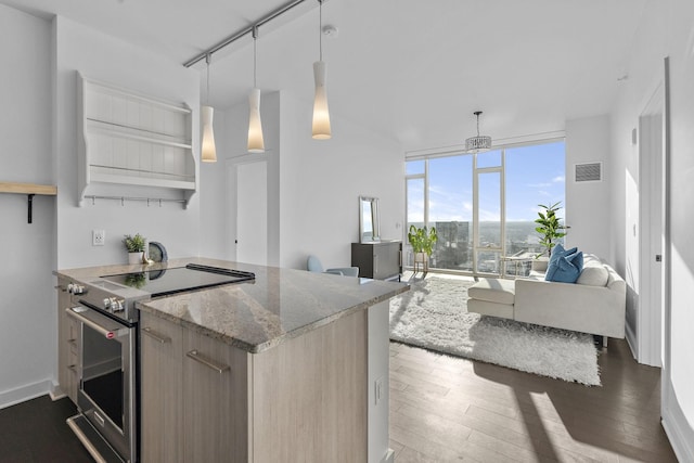 kitchen with high end stainless steel range, dark hardwood / wood-style floors, light brown cabinets, and pendant lighting