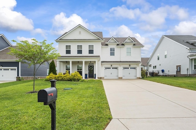 view of front of home featuring covered porch, a front lawn, and a garage