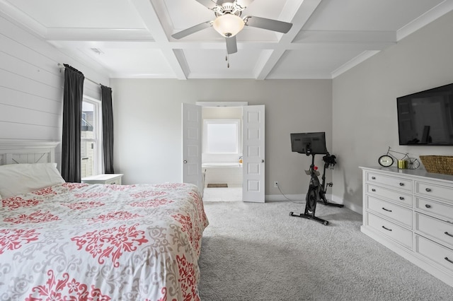 bedroom featuring ceiling fan, light colored carpet, beamed ceiling, coffered ceiling, and connected bathroom