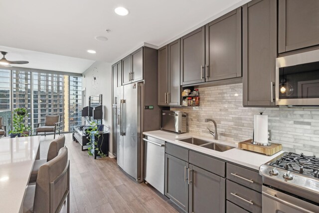 kitchen featuring light hardwood / wood-style floors, ceiling fan, stainless steel appliances, decorative backsplash, and sink