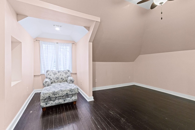 unfurnished room with ceiling fan, dark hardwood / wood-style flooring, and lofted ceiling