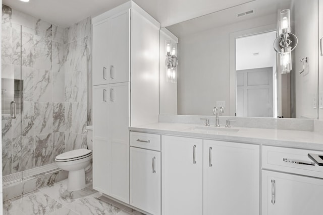 bathroom featuring toilet, tile walls, walk in shower, and vanity