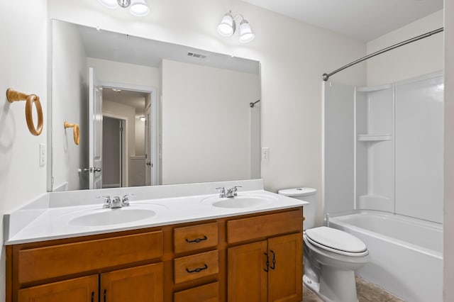 full bathroom with toilet, vanity, tile patterned flooring, and shower / bathing tub combination