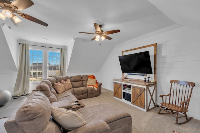 carpeted living room featuring crown molding