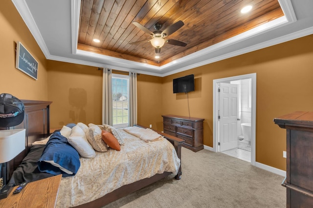 carpeted bedroom with ceiling fan, wooden ceiling, connected bathroom, and a raised ceiling