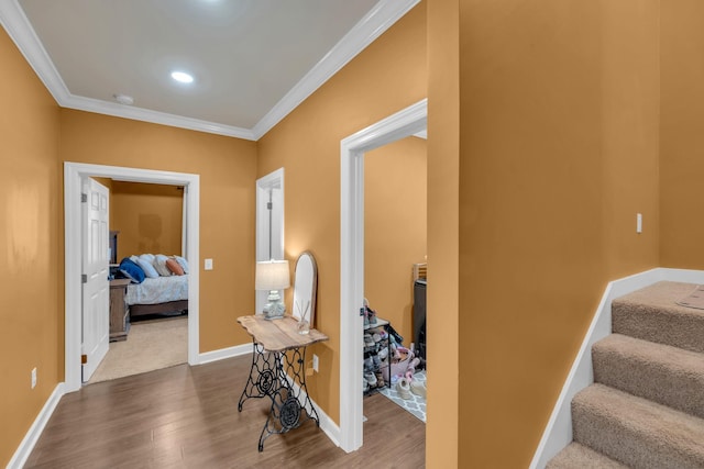 hallway featuring ornamental molding and hardwood / wood-style flooring