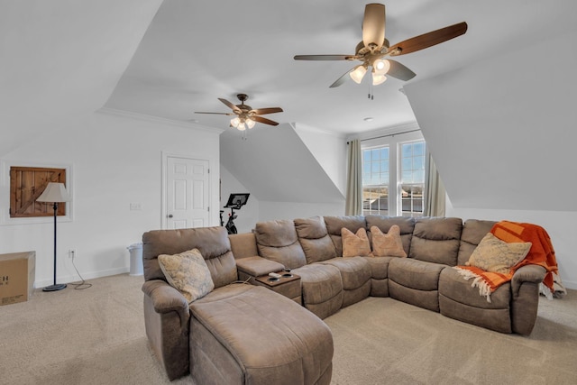 carpeted living room featuring ceiling fan and crown molding