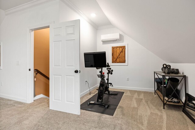 exercise area featuring light carpet, ornamental molding, a wall mounted AC, and lofted ceiling