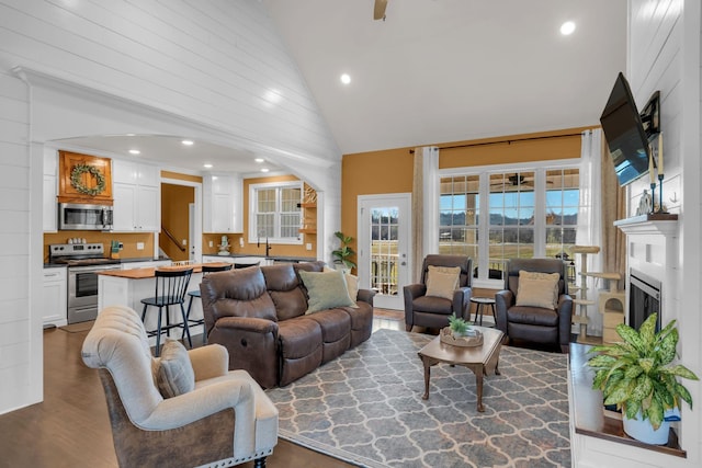 living room featuring high vaulted ceiling, sink, and hardwood / wood-style flooring