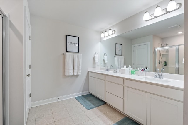 bathroom with a shower with door, tile patterned floors, and vanity