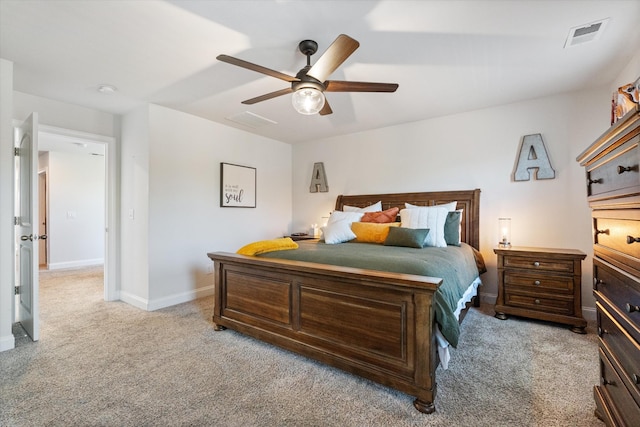 bedroom featuring ceiling fan and light colored carpet