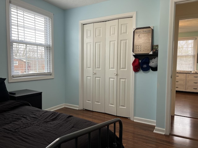 bedroom featuring a closet and dark hardwood / wood-style flooring