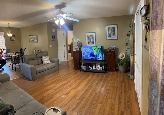 living room featuring ceiling fan, a textured ceiling, and light hardwood / wood-style flooring