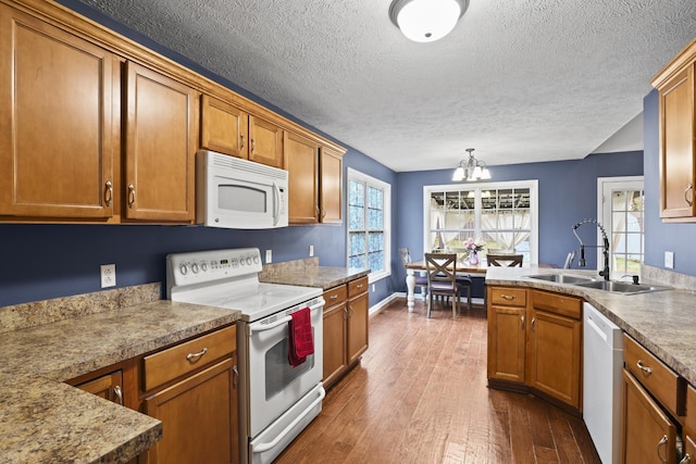 kitchen featuring sink, white appliances, plenty of natural light, dark hardwood / wood-style flooring, and a chandelier