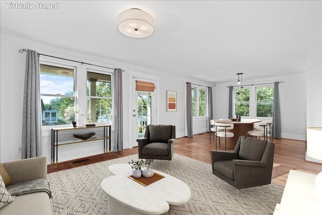 living room with light hardwood / wood-style flooring and a healthy amount of sunlight