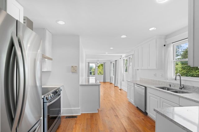 kitchen featuring white cabinets, sink, stainless steel appliances, and light hardwood / wood-style flooring