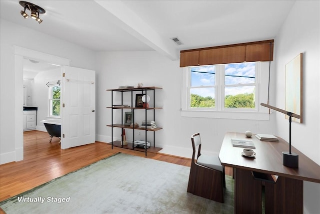 office with a wealth of natural light and light hardwood / wood-style flooring