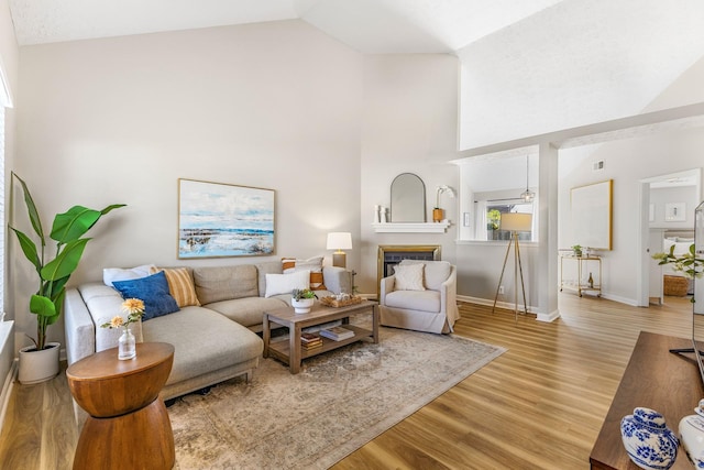 living room featuring light hardwood / wood-style floors and high vaulted ceiling