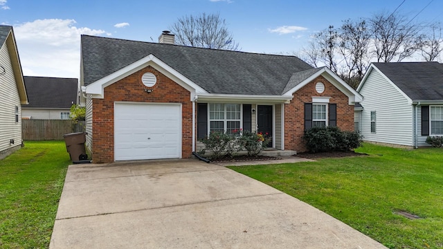 ranch-style house featuring a front yard and a garage